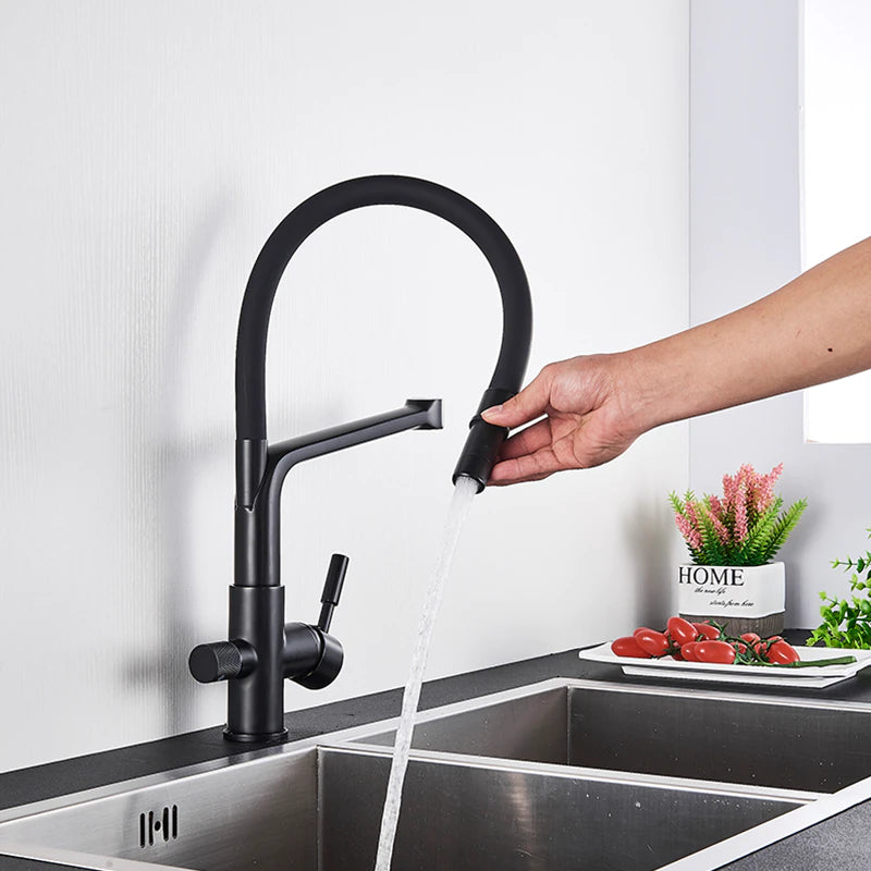 An allfixture Solid Brass Kitchen Faucet With Filtered Water Tap, featuring a modern black finish and a high arc spout, is installed over a stainless steel sink. Water flows from both the main spout and a side spray. In the background, red tomatoes and a small plant in a white pot labeled "HOME" add an inviting touch reminiscent of chic bathroom faucets.