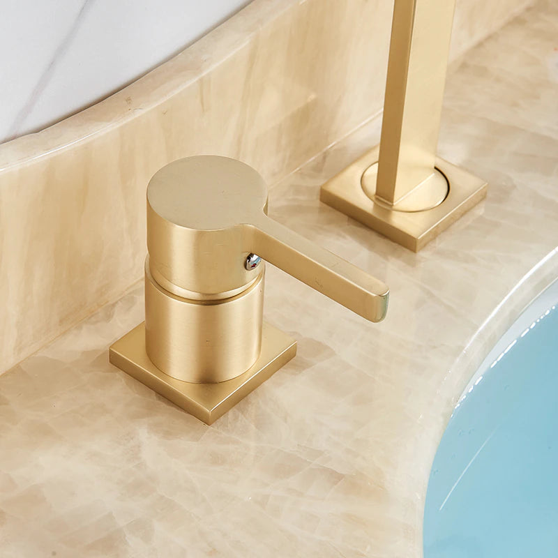 Brushed Gold Solid Brass Deck Mounted Bathroom Sink Faucet