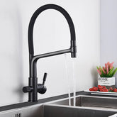 An allfixture Solid Brass Kitchen Faucet With Filtered Water Tap, featuring a modern black finish and a high arc spout, is installed over a stainless steel sink. Water flows from both the main spout and a side spray. In the background, red tomatoes and a small plant in a white pot labeled "HOME" add an inviting touch reminiscent of chic bathroom faucets.