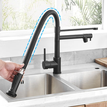 A close-up image showcases the Wanfan™ Dual Spout Kitchen Faucet by allfixture, featuring a sleek, flexible arched neck and a convenient pull-down sprayer. The faucet's 360-degree rotation capability is highlighted with an arrow and "360°" text above it. The background reveals a bright kitchen with a sink and window, echoing the contemporary design found in modern bathroom fixtures.