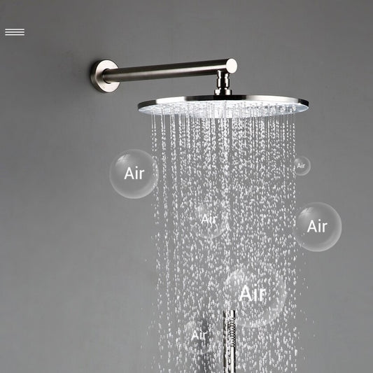 The *Wasser™ Complete Shower System With Bathtub Filler* from Morsale.com features a modern setup against a gray wall, including a round rain showerhead, sleek wall-mounted lever handle, detachable handheld shower with hose, and minimalist spout, all in brushed nickel finish.