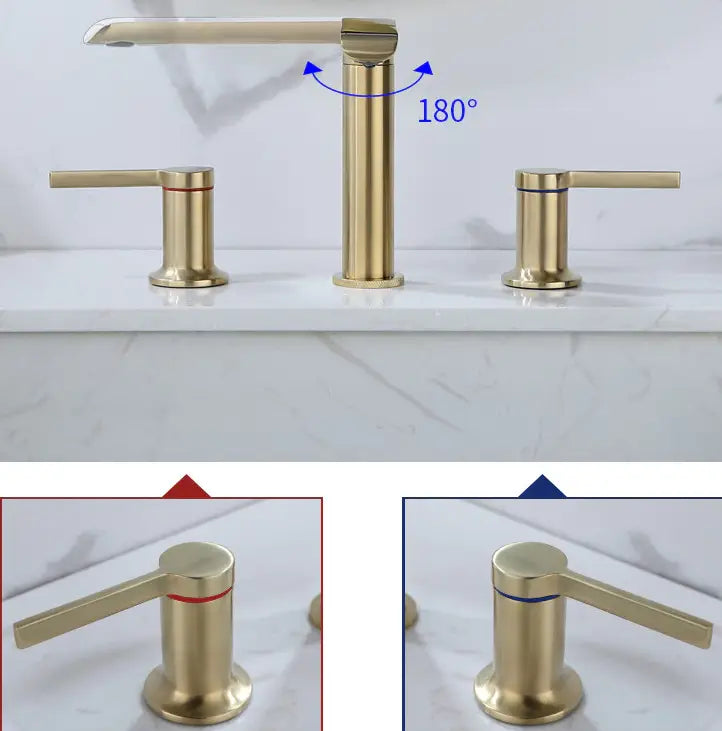 A Dual Handle Solid Brass Bathroom Sink Faucet from Morsale.com, featuring a brushed gold finish, is installed on a white marble countertop. The set includes a sleek spout and two handles—one marked with red for hot water and one with blue for cold water—perfectly complementing the elegance of the bathroom faucets collection.