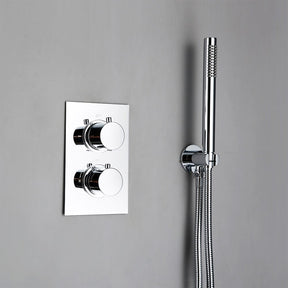 The Wasser™ Chrome Shower Faucet With Handheld Shower by AllFixture offers a sleek, modern shower setup. It features a round, chrome rain shower head mounted on the wall alongside an adjacent handheld shower head with a flexible hose. The sleek chrome panel below the fixed shower head is equipped with two control knobs and a temperature dial, ensuring precise control and seamlessly matching your bathroom faucets.