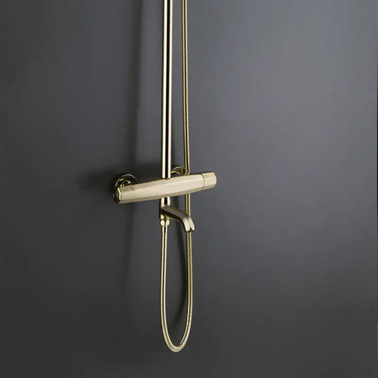The Wasser™ Complete Shower System With Bath Faucet from Morsale.com features a sleek, modern design with a chrome finish. It includes a large, circular overhead rain showerhead and a smaller handheld showerhead mounted on a sliding bar, all set against a muted, dark-colored background.
