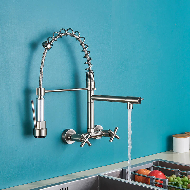Wall Mounted Dual Handle Pull Down Spout Kitchen Faucet