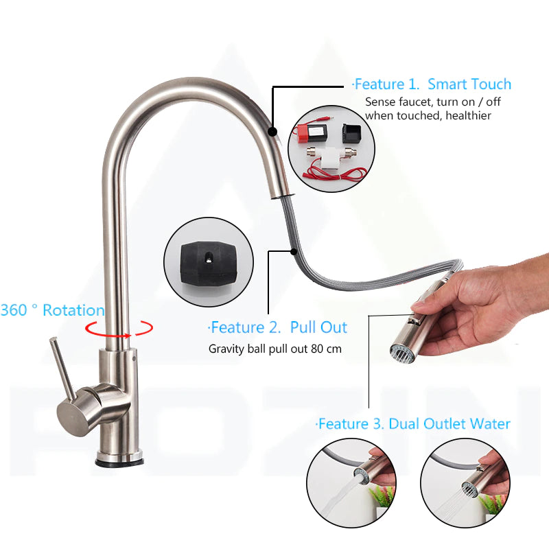 Stainless Steel Smart Touch Pull Out Kitchen Faucet