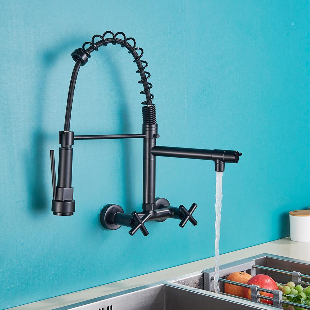 Wall Mounted Dual Handle Pull Down Spout Kitchen Faucet