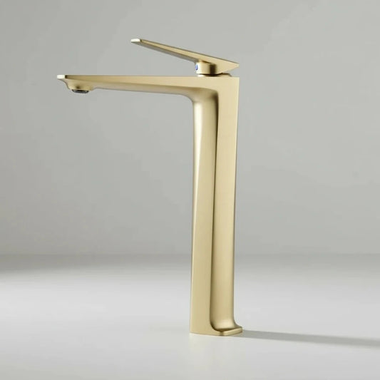 The Valmont Single Handle Bathroom Sink Faucet by Bagnolux features a tall, modern gold design with a sleek minimalist look and durable ceramic cartridge, shown against a plain light gray background.