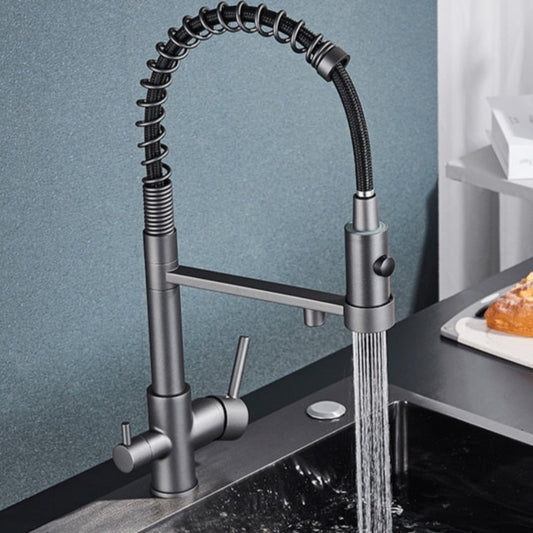 The Wasser™ Pull Down Spring Kitchen Faucet With Filtered Water Tap by Rozin features a sleek, matte black design with a flexible, spring-coiled spout and single handle control. Installed over a sink against a textured grey wall, it provides simultaneous aerated and spray water flows, offering functionality similar to that of a high-end shower head.