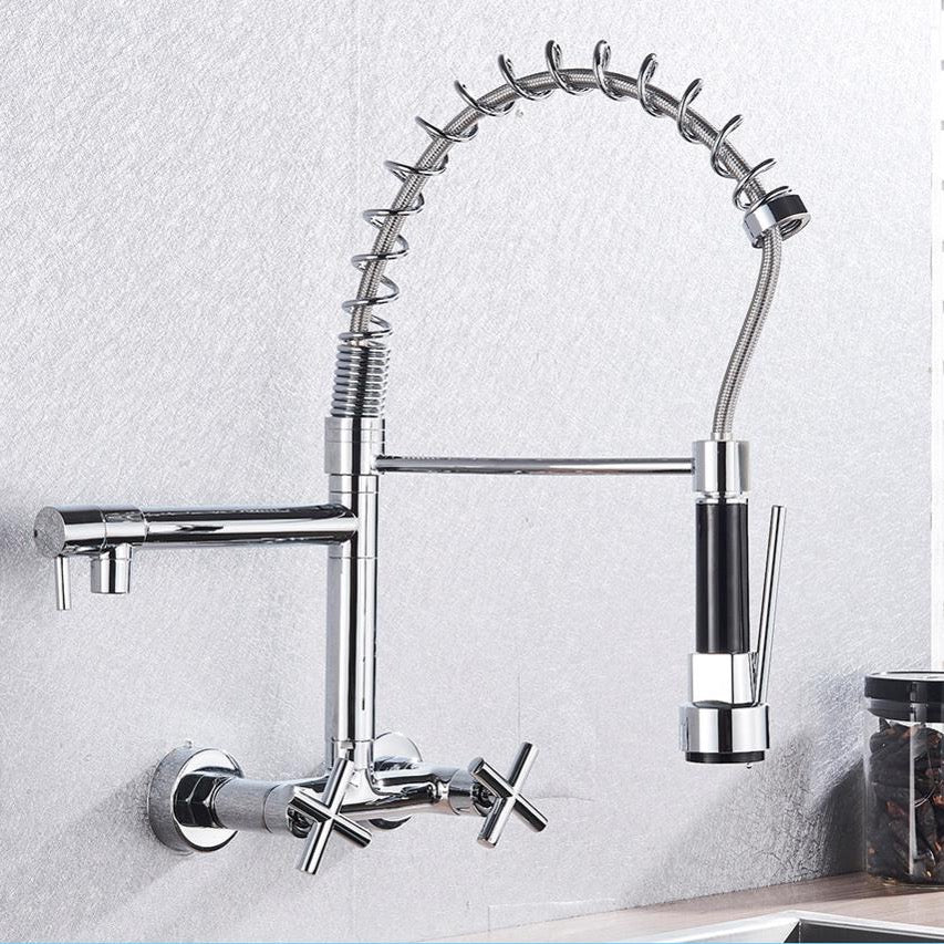 Wall Mounted Dual Handle Pull Down Spout Kitchen Faucet