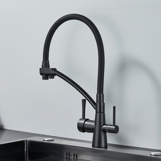 The Rozin Windsor Kitchen Faucet With Purified Water Tap features a matte black finish, high curved spout, and dual handles, adding elegance and durability to your kitchen when installed over a black sink against a light wall.