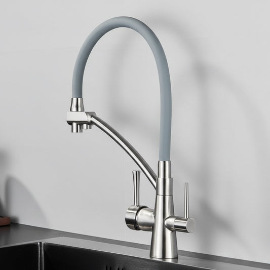 The Rozin Windsor Kitchen Faucet With Purified Water Tap features dual handles, a tall curved flexible gray hose, and solid brass construction, mounted on a black countertop against a plain light gray wall.