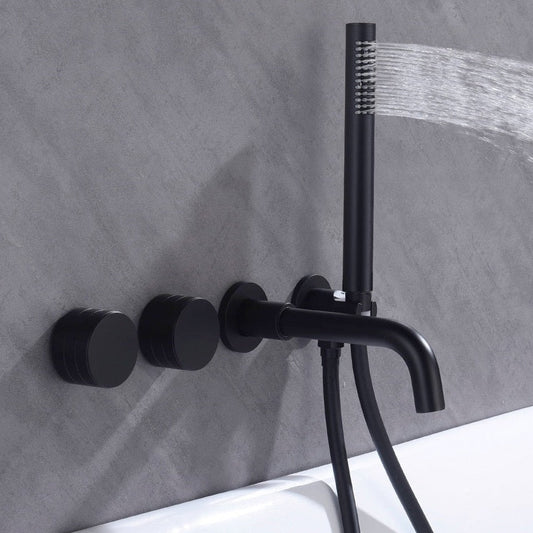 A contemporary grey tiled bathroom features the AllFixture Shower Faucet Set Mixer Valve With Bathtub Filler. This modern ensemble includes a sleek black shower faucet, two round control knobs, and a hand-held shower head spraying water, embodying minimalist and stylish design.