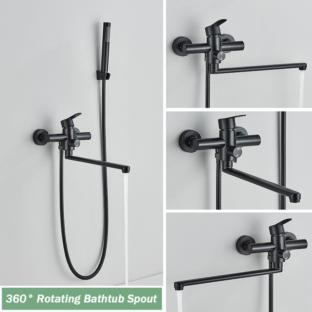 The Wall Mounted Bathtub Shower Faucet With Handheld Shower by Rozin is a sleek, modern fixture. It features a matte black finish, a single lever handle, and a detachable hand shower with a slim, cylindrical design. The faucet itself has a swiveling spout, and the hand shower is conveniently mounted on the wall above it.