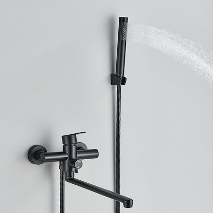 The Wall Mounted Bathtub Shower Faucet With Handheld Shower by Rozin is a sleek, modern fixture. It features a matte black finish, a single lever handle, and a detachable hand shower with a slim, cylindrical design. The faucet itself has a swiveling spout, and the hand shower is conveniently mounted on the wall above it.