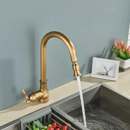 An Antique Brass Pull-Down Kitchen Faucet by Rozin with a curved spout is installed over a stainless steel sink. Water is flowing from the faucet. The sink contains a strainer with vegetables, and a potted plant, as well as a framed picture, are placed on the countertop.