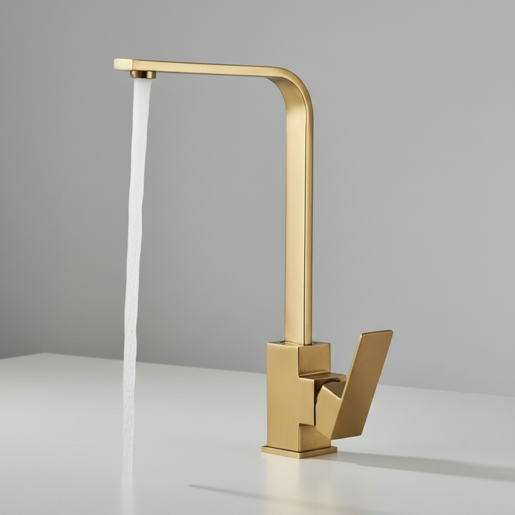 Valmont Single Handle Kitchen Faucet in brushed gold finish with a modern design and flowing water.
