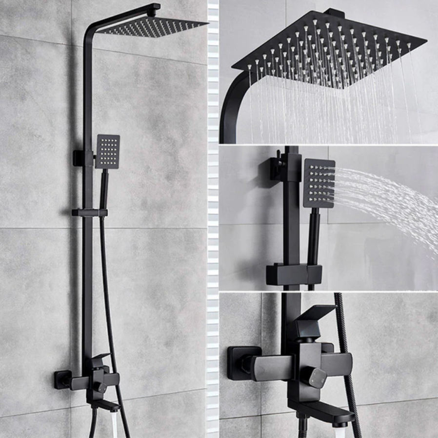 Solid Brass Rainfall Bath Shower System With Swivel Bath Spout, Black