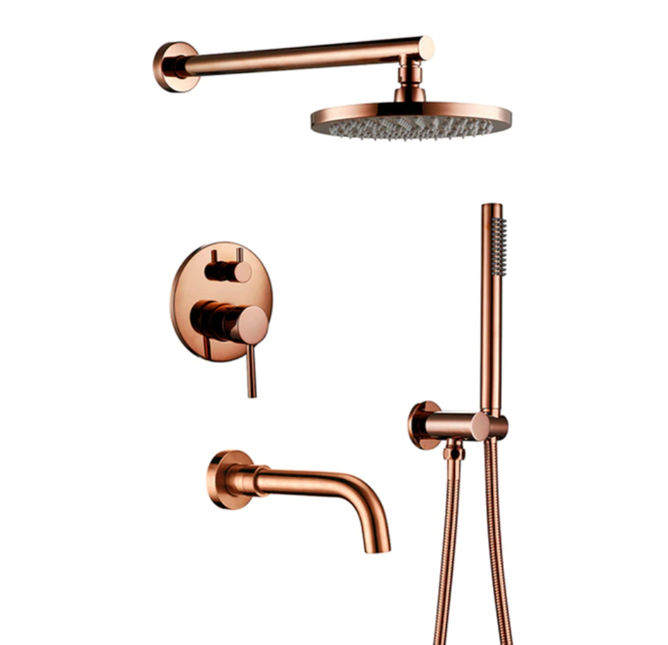 A modern shower setup featuring the Wasser™ Complete Shower System with Bathtub Filler in Rose Gold by Morsale.com, including a round, overhead rain showerhead and a separate handheld showerhead, mounted on a light gray textured wall. Water pours from the overhead showerhead creating a luxurious cascade effect akin to high-end bathroom faucets.