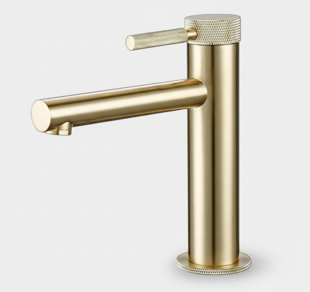 The AllFixture Windsor Single Handle Bathroom Sink Faucet features a modern cylindrical body, horizontal spout, and textured lever in brushed gold solid brass.