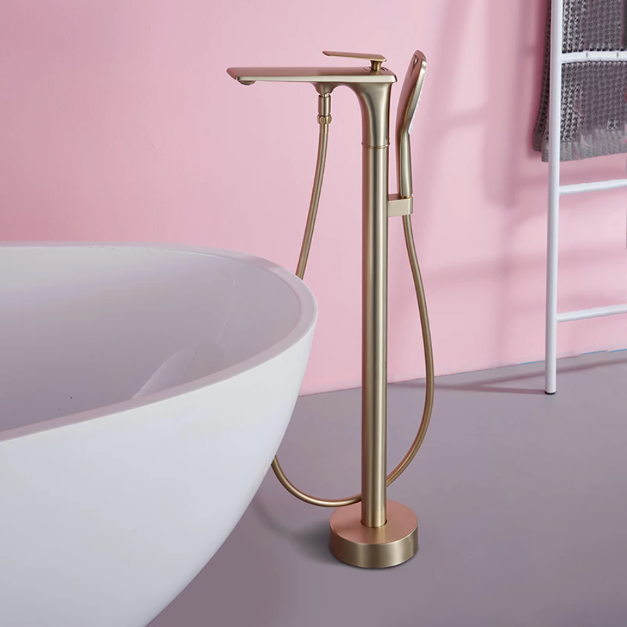 Brushed Gold Floor Mounted Bathtub Faucet Shower Mixer