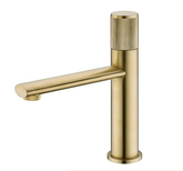 The Wanfan Knob Switch Solid Brass Bathroom Faucet showcases a modern design with a brushed gold finish. This cylindrical faucet features a textured single handle on top for precise temperature and water flow control, complemented by a sleek, straight spout extending horizontally from the base.