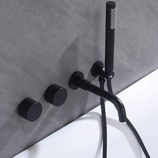 The AllFixture Windsor Bathtub Faucet With Handheld Shower features a matte black, modern two-handle design and a durable ceramic valve, mounted on a gray wall above a white tub for a minimalist look.