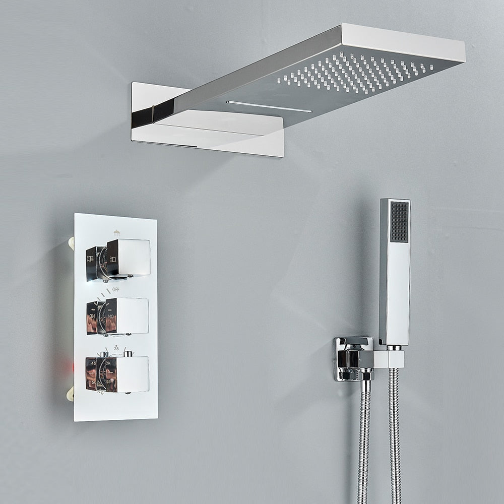 Thermostatic Wall Mounted Waterfall Rainfall Shower Head System
