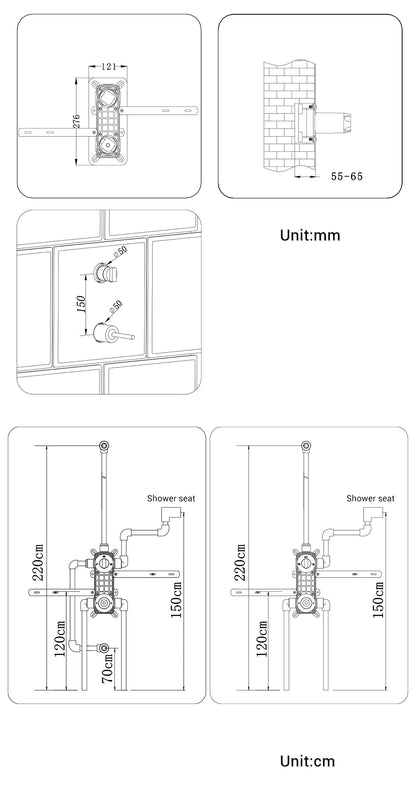 A modern minimalist shower setup features the Wasser™ Brushed Gold Shower System with Handheld Sprayer by Morsale.com, showcasing a large, round, wall-mounted rain showerhead and a sleek handheld shower spray emitting water. The brushed gold fixtures, including complementary bathroom faucets, accentuate the textured gray tile wall. Two control knobs are visible below.