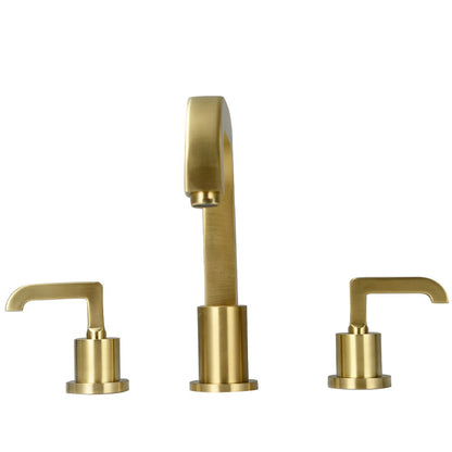 The Wasser™ Deck Mounted Dual Handle Bathroom Faucet by AllFixture is displayed against a light gray background. This modern three-piece brushed gold bathroom set features a central curved spout and two separate lever handles for hot and cold water, all boasting a sleek, minimalistic design.