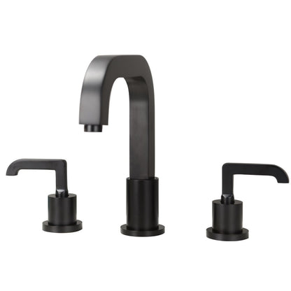 The Wasser™ Deck Mounted Dual Handle Bathroom Faucet by AllFixture is displayed against a light gray background. This modern three-piece brushed gold bathroom set features a central curved spout and two separate lever handles for hot and cold water, all boasting a sleek, minimalistic design.