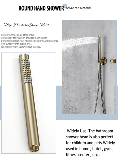 A modern minimalist shower setup features the Wasser™ Brushed Gold Shower System with Handheld Sprayer by Morsale.com, showcasing a large, round, wall-mounted rain showerhead and a sleek handheld shower spray emitting water. The brushed gold fixtures, including complementary bathroom faucets, accentuate the textured gray tile wall. Two control knobs are visible below.