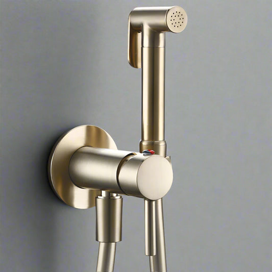 The allfixture Wall-Mounted Solid Brass Bidet Faucet features a handheld bidet spray nozzle with hose, a round control knob, and a sleek metallic finish, shown against a plain gray background.
