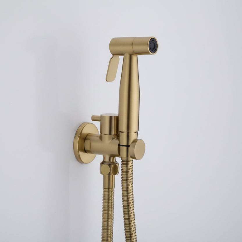 The AllFixture Wasser™ Solid Brass Handheld Toilet Sprayer Faucet features a gold finish, lever handle, wall-mount design, and matching hose and valve fittings, offering both style and function against a plain white background.